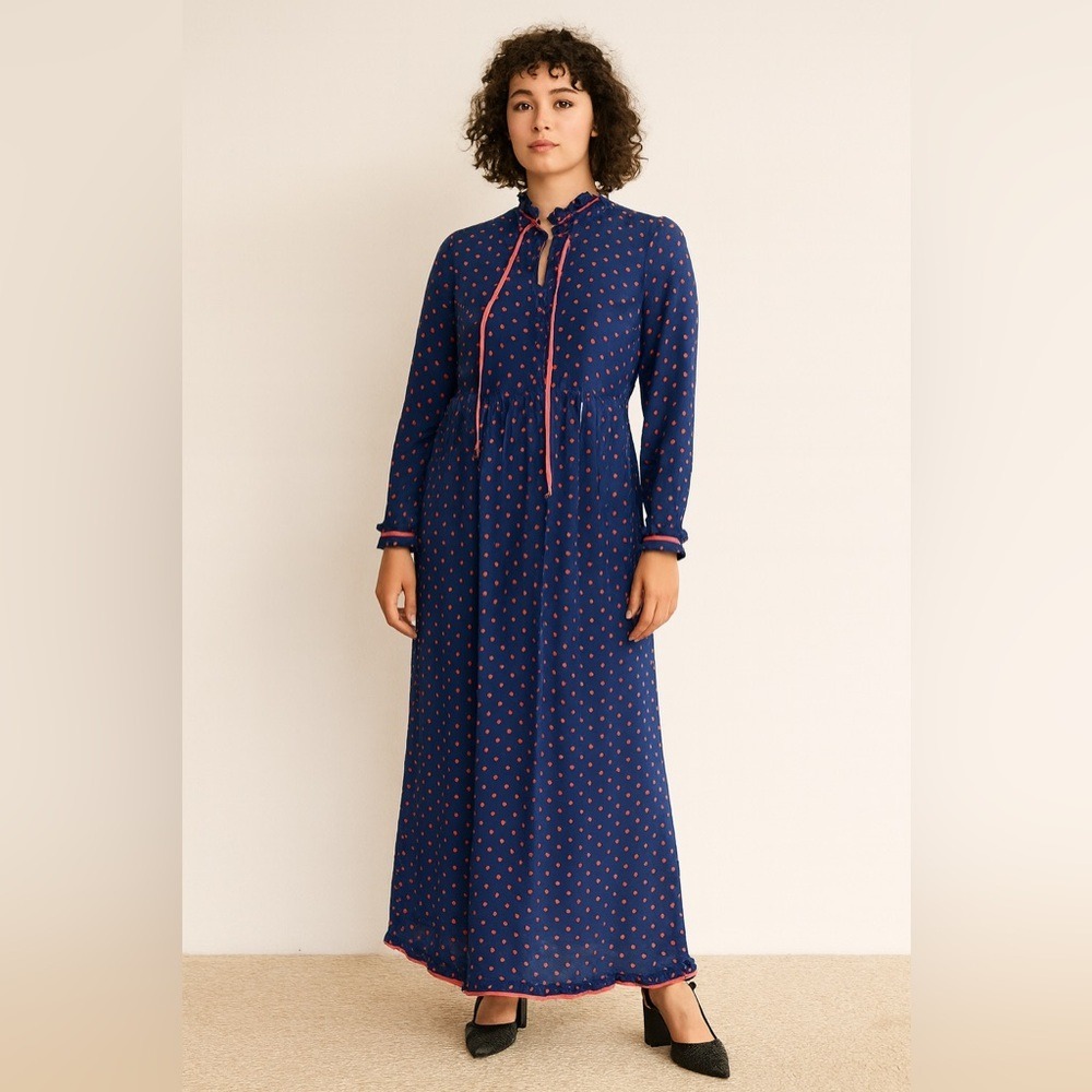 Q2 Collection Navy Polka Dot Maxi Dress Sheer Sleeve Tie Neck NWT S